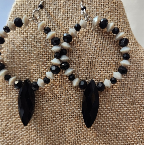 Hand Crafted Black and Gray Beaded Hoop Earrings Pierced Dangle Crystals - Picture 2 of 5